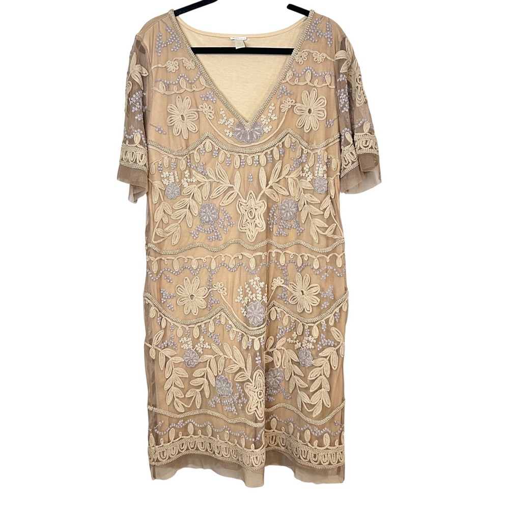 Sundance‎ Duchess Dress Women Mesh Embroidered V-Neck XL Tan Floral Boho Wedding